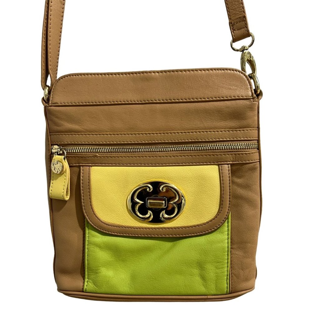 Emma Fox Leather crossbody/shoulder bag. Tan with yellow and green accent.